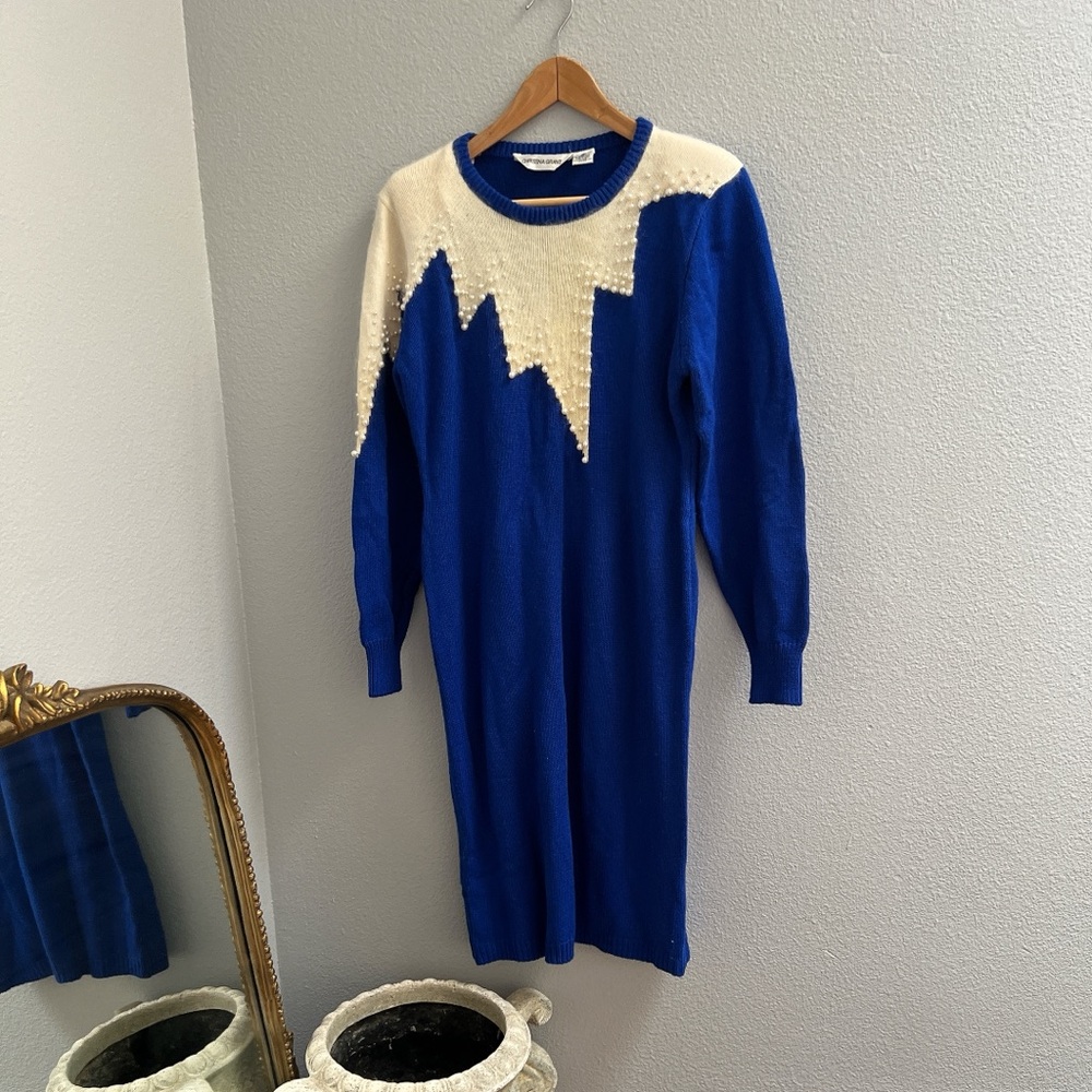 Vintage Christina Grant Blue Angora Sweater Dress w Pearl Beading